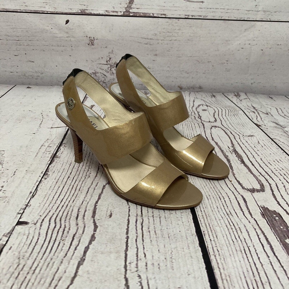 Michael Kors Heels Womens Size 9M Rochelle Open Toe Pump Taupe Pearlized Patent